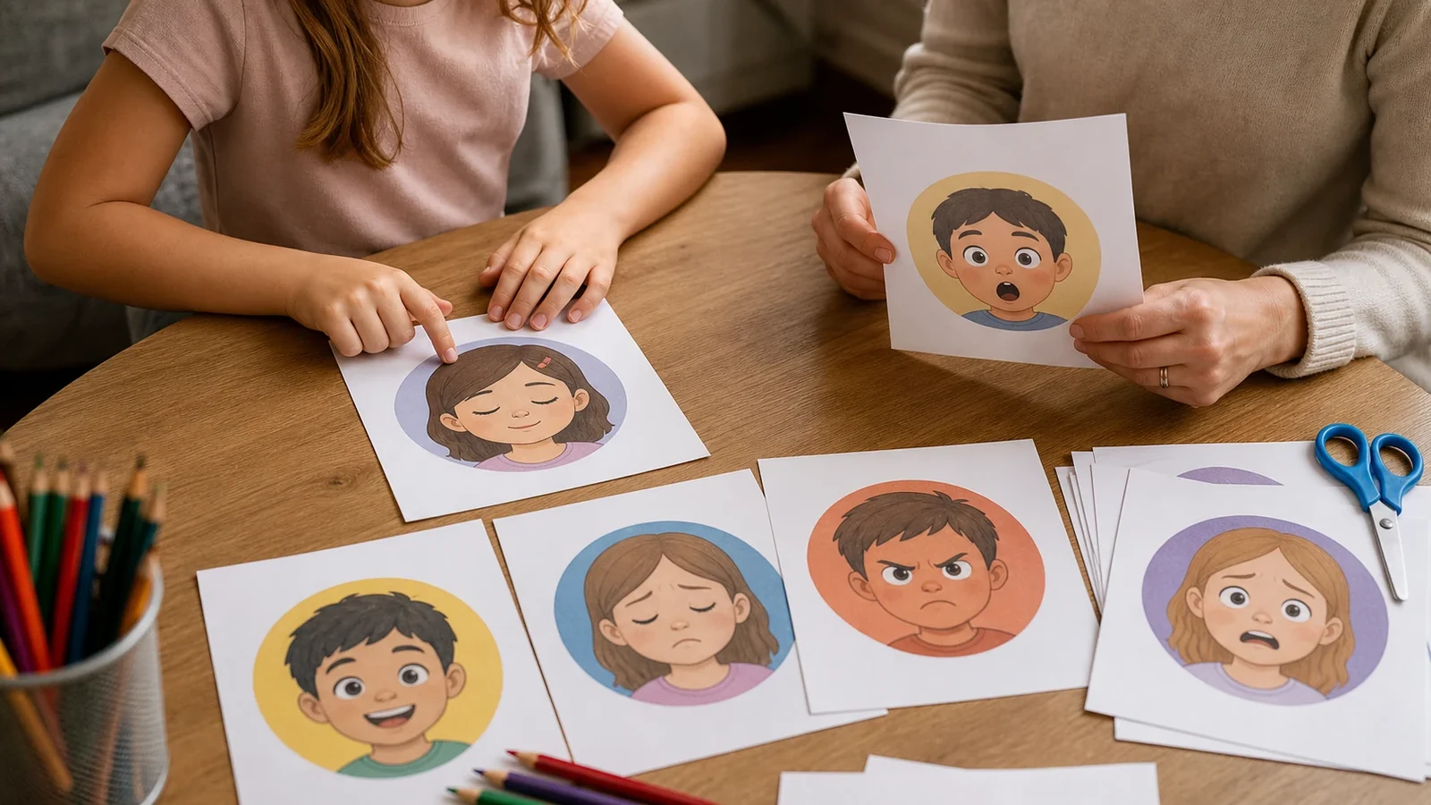 Enfant et adulte regardant des cartes illustrées d’expressions du visage