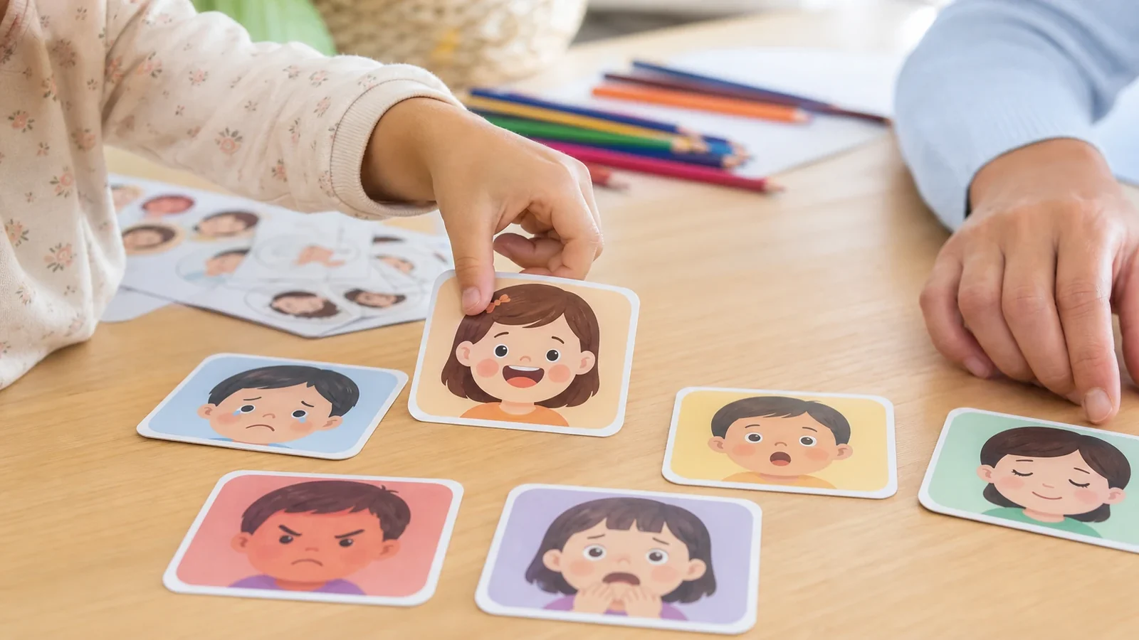 Cartes d’émotions étalées sur une table en bois