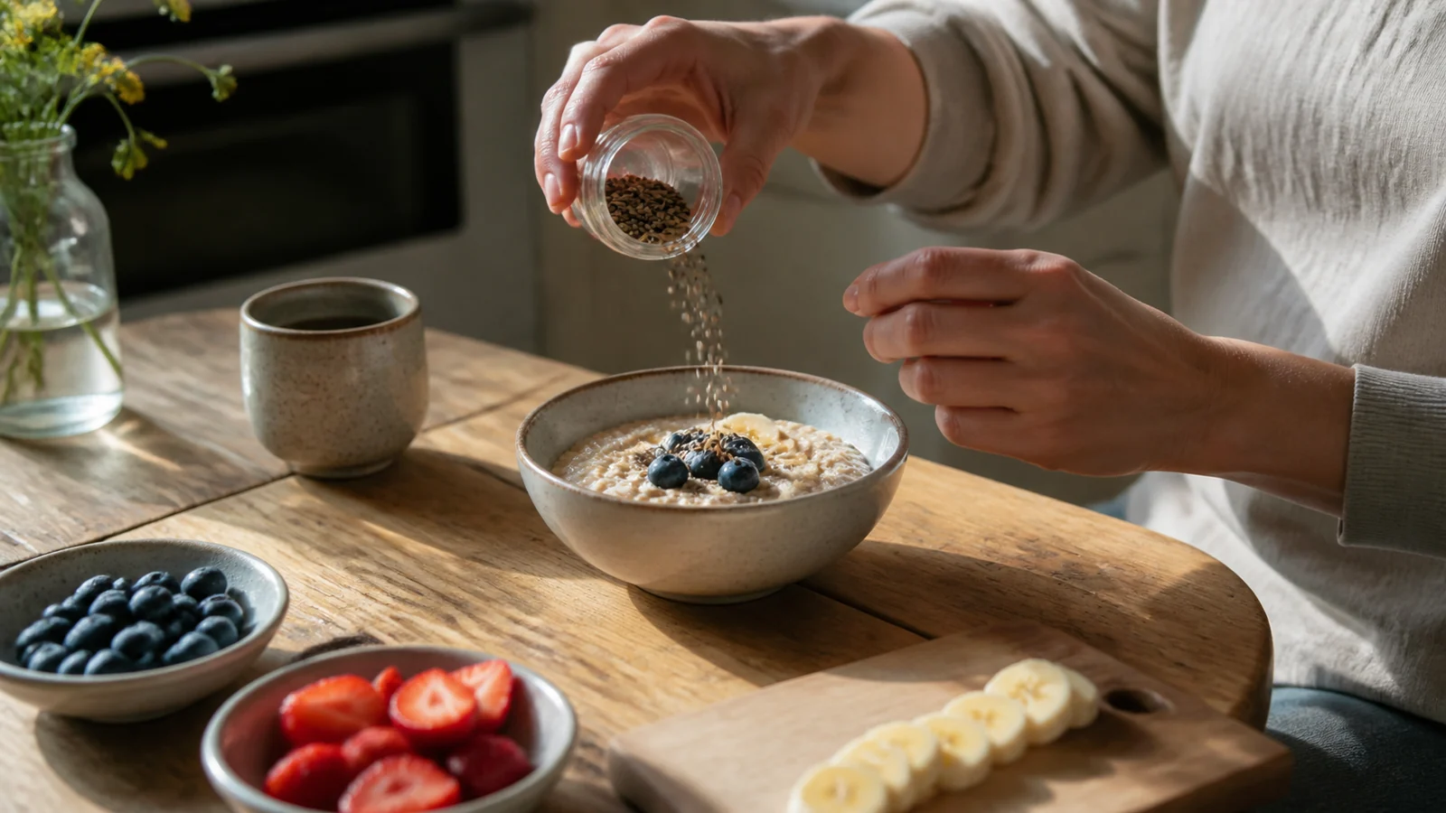 Petit-déjeuner simple avec fruits et graines versées à la main