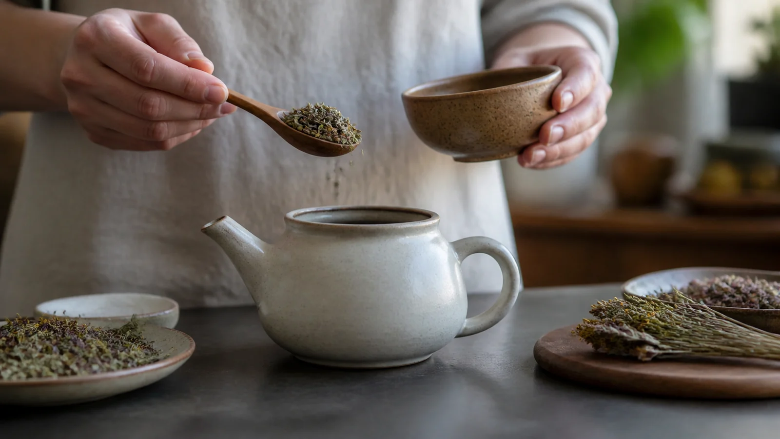 Préparation d’une infusion avec des plantes séchées dans une théière