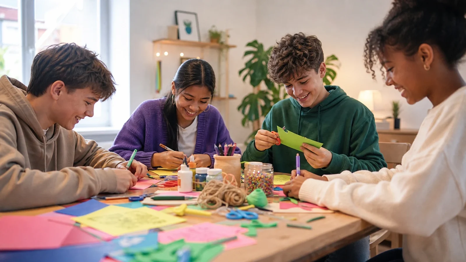 Adolescent lançant une activité créative à une table