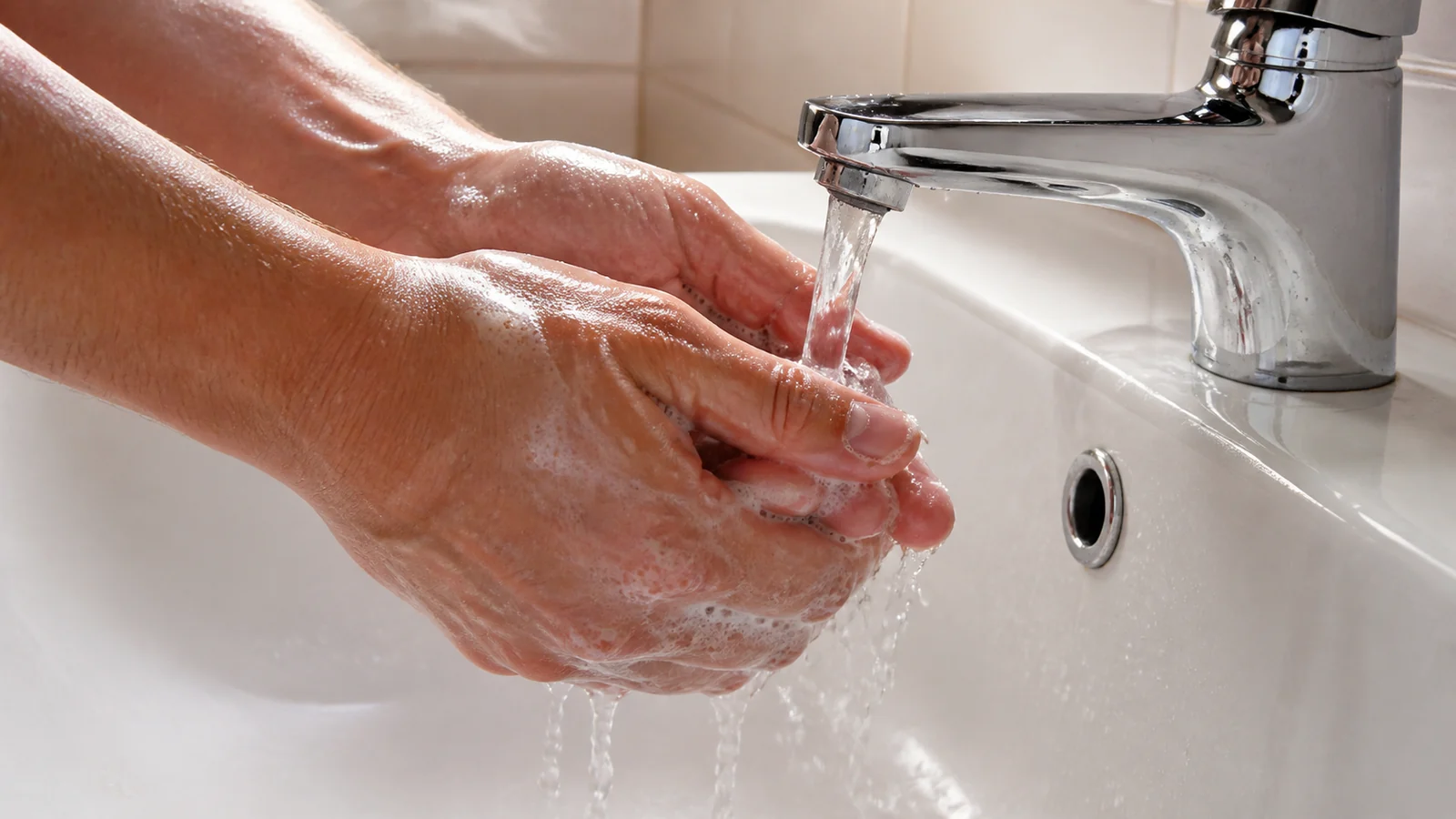 Lavage des mains sous un robinet avec du savon