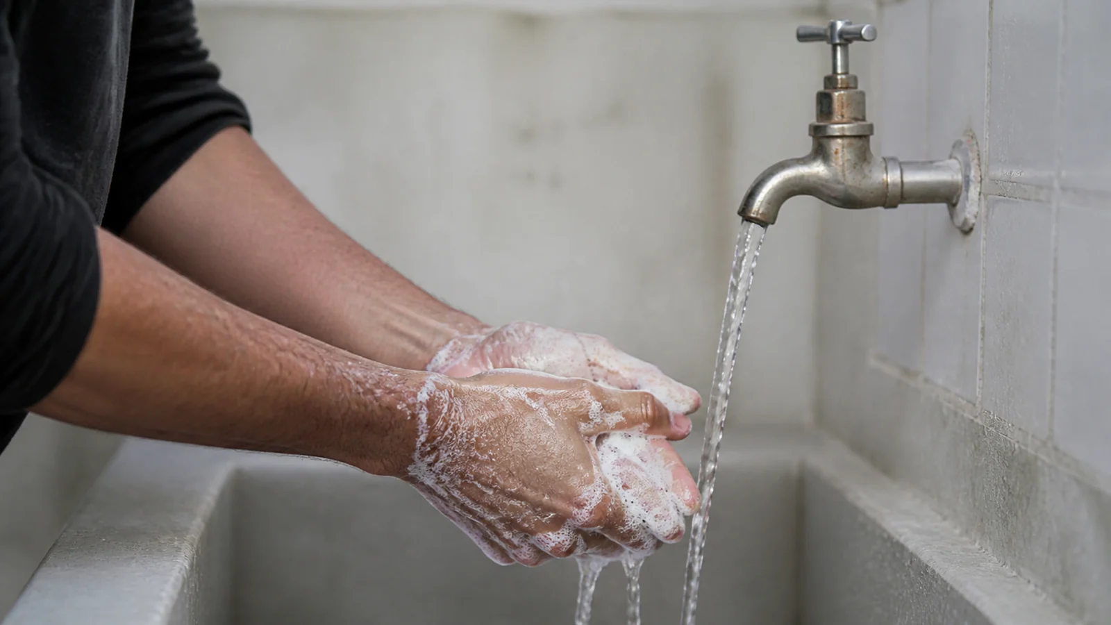 Avant-bras savonnés au-dessus d’un lavabo