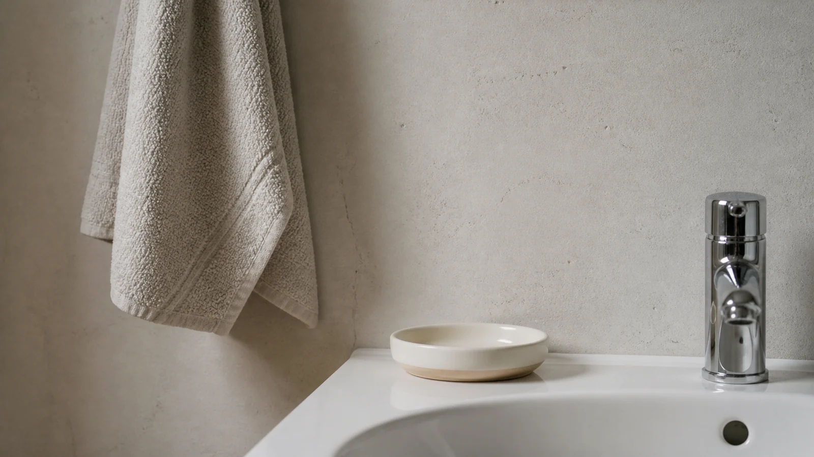 Serviette en coton et porte-savon près d’un évier