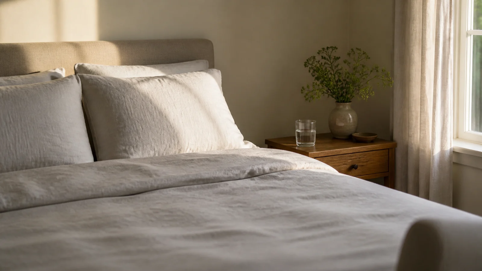 Lit fait dans une chambre calme au petit matin