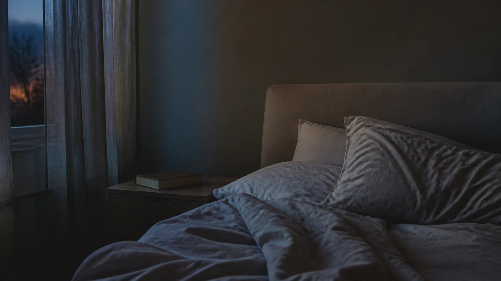 Chambre tamisée au crépuscule avec un livre fermé