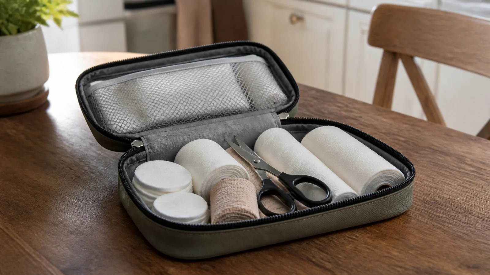 Trousse ouverte avec bandes et compresses sans inscription