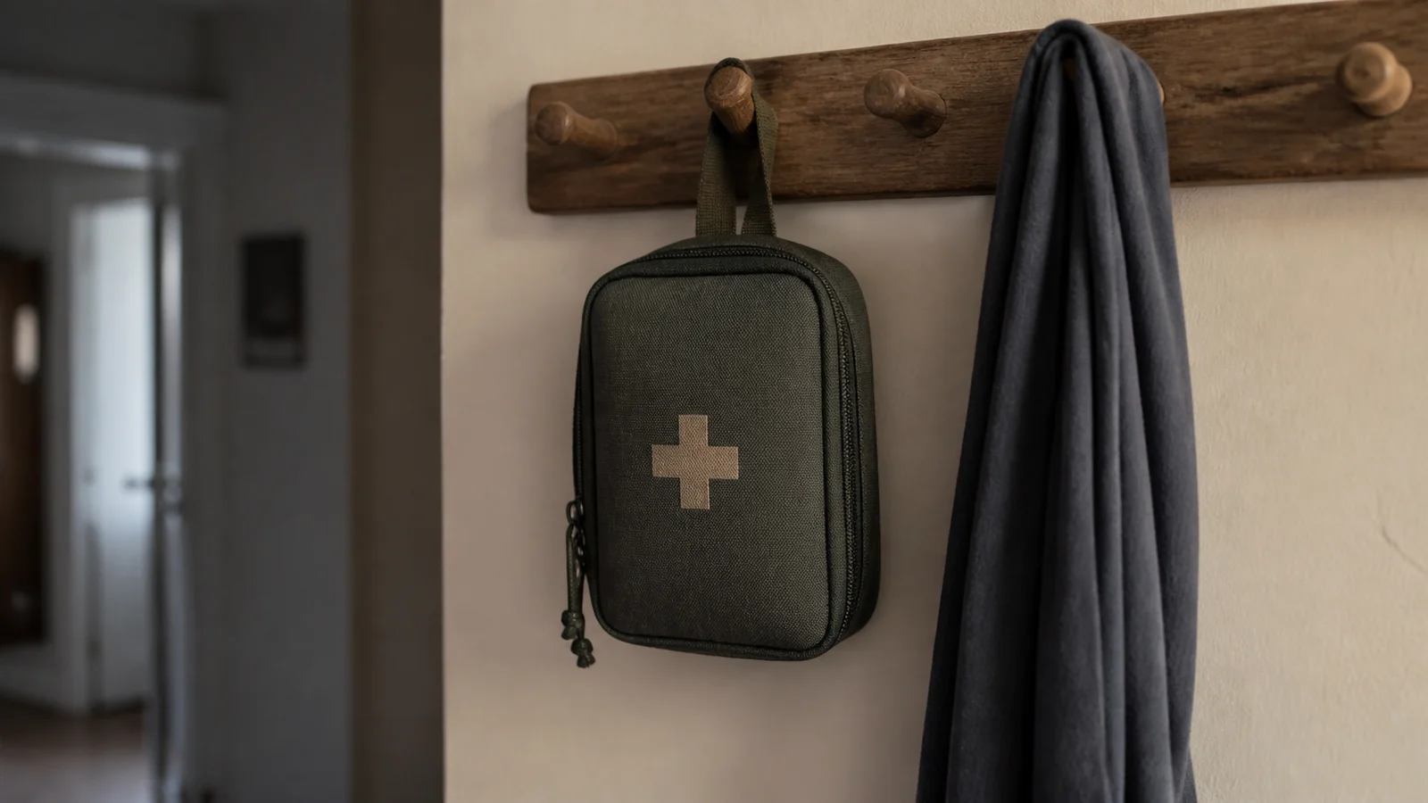 Petite trousse de premiers soins accrochée dans un couloir