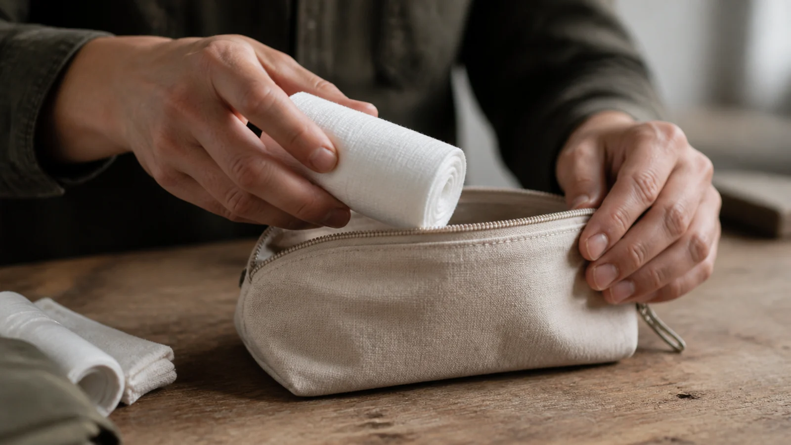 Mains rangeant une bande dans une pochette en tissu