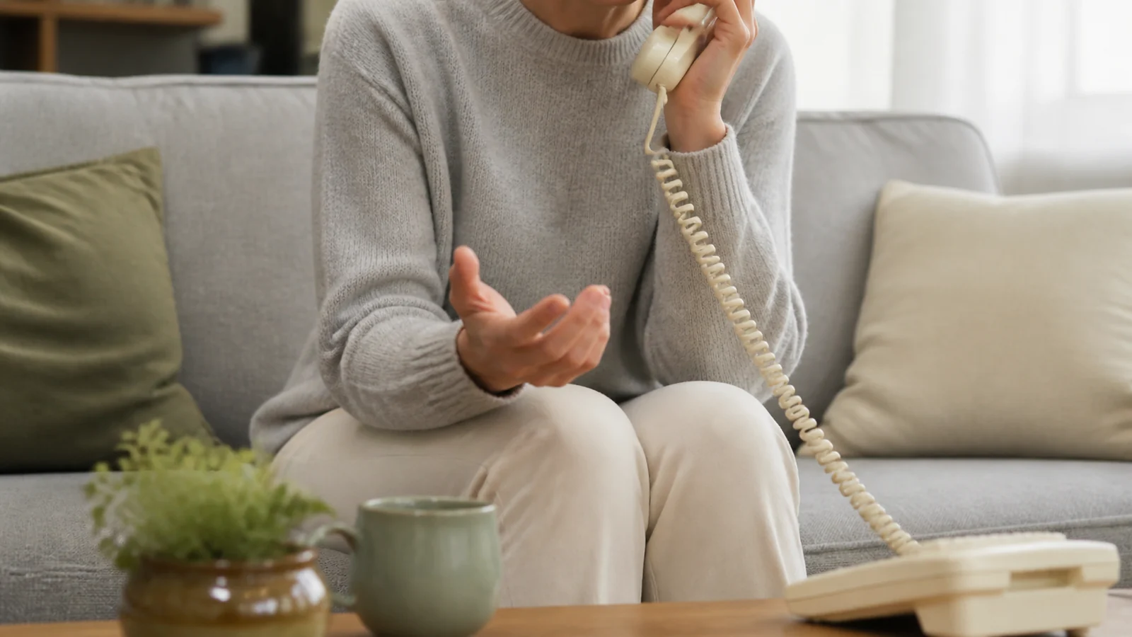 Personne au téléphone fixe dans un salon, posture calme