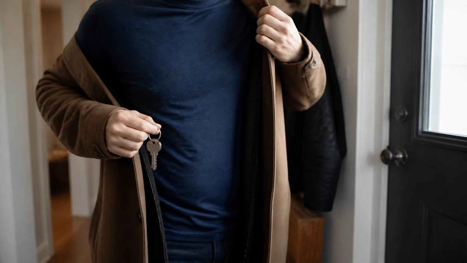 Personne enfilant un manteau près de la porte, clés en main